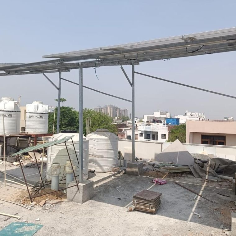 Galvanised rooftop mounting structure with solar panels in place